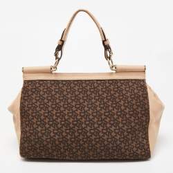 Pre Owned Dkny Brown/Beige Signature Coated Canvas And Leather Satchel 