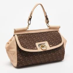 Pre Owned Dkny Brown/Beige Signature Coated Canvas And Leather Satchel 