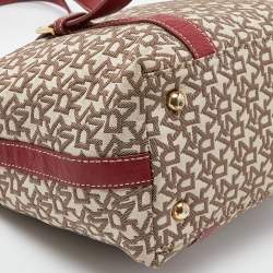 Pre Owned DKNY Beige/Red Signature Canvas and Leather Zip Tote