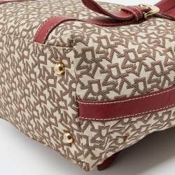 Pre Owned DKNY Beige/Red Signature Canvas and Leather Zip Tote