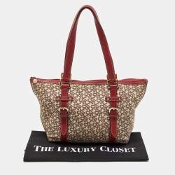 Pre Owned DKNY Beige/Red Signature Canvas and Leather Zip Tote