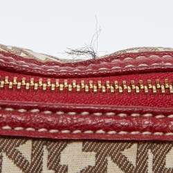 Pre Owned DKNY Beige/Red Signature Canvas and Leather Zip Tote