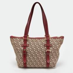 Pre Owned DKNY Beige/Red Signature Canvas and Leather Zip Tote