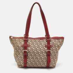 Pre Owned DKNY Beige/Red Signature Canvas and Leather Zip Tote