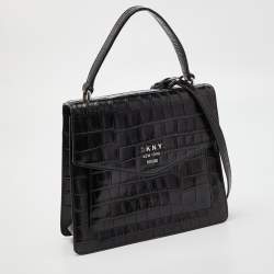 Pre Owned DKNY Black Croc Embossed Leather Flap Top Handle Bag