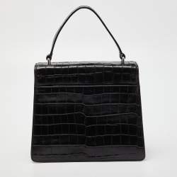 Pre Owned DKNY Black Croc Embossed Leather Flap Top Handle Bag