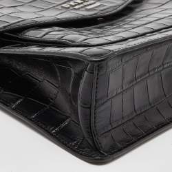Pre Owned DKNY Black Croc Embossed Leather Flap Top Handle Bag