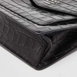 Pre Owned DKNY Black Croc Embossed Leather Flap Top Handle Bag