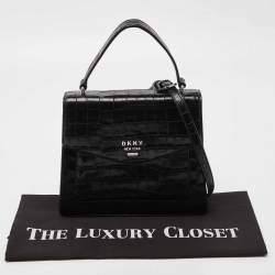 Pre Owned DKNY Black Croc Embossed Leather Flap Top Handle Bag