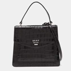 Pre Owned DKNY Black Croc Embossed Leather Flap Top Handle Bag