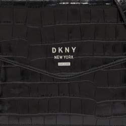 Pre Owned DKNY Black Croc Embossed Leather Flap Top Handle Bag