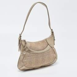 Pre Owned DKNY Gold/Beige Canvas and Leather Shoulder Bag