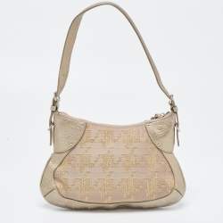 Pre Owned DKNY Gold/Beige Canvas and Leather Shoulder Bag