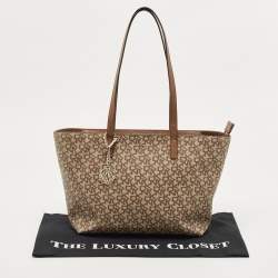 Pre Owned DKNY Beige/Brown Signature Coated Canvas and Leather Top Zip Shopper Tote