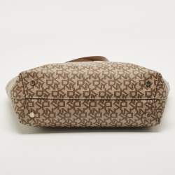 Pre Owned DKNY Beige/Brown Signature Coated Canvas and Leather Top Zip Shopper Tote