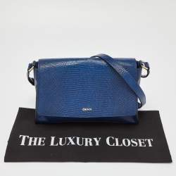 DKNY Blue Croc Embossed Leather Bryant Flap Crossbody Bag