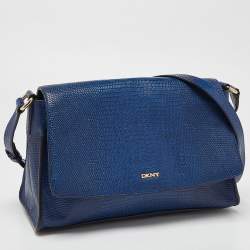 DKNY Blue Croc Embossed Leather Bryant Flap Crossbody Bag