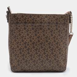 DKNY Brown Signature Coated Canvas and Leather Zip Messenger Bag