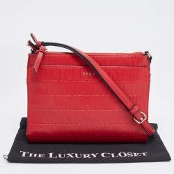 Pre Owned DKNY Red Logo Embossed Double Zip Crossbody Bag