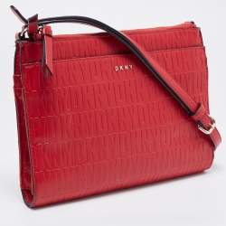 Pre Owned DKNY Red Logo Embossed Double Zip Crossbody Bag