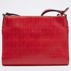 Pre Owned DKNY Red Logo Embossed Double Zip Crossbody Bag