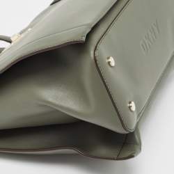 Pre Owned DKNY Khaki Green Leather Logo Twist Tote