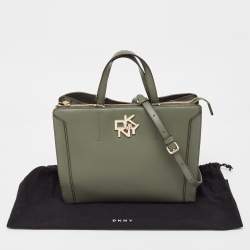 Pre Owned DKNY Khaki Green Leather Logo Twist Tote