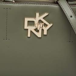 Pre Owned DKNY Khaki Green Leather Logo Twist Tote