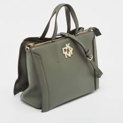 Pre Owned DKNY Khaki Green Leather Logo Twist Tote