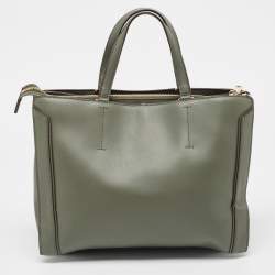 Pre Owned DKNY Khaki Green Leather Logo Twist Tote