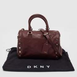 Pre Owned DKNY Burgundy Leather Studded Boston Bag