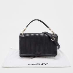  DKNY Black Pinstripe Quilted Leather Gansevoort Flap Top Handle Bag