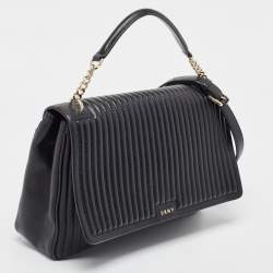  DKNY Black Pinstripe Quilted Leather Gansevoort Flap Top Handle Bag