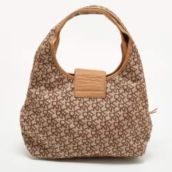DKNY Beige Signature Fabric and Leather Town and Country Hobo