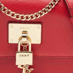 Pre Owned DKNY Red Leather Charm Flap Crossbody Bag