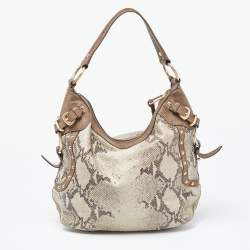 Pre Owned DKNY Beige/Grey Python Embossed Leather Studded Hobo
