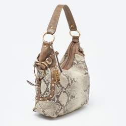 Pre Owned DKNY Beige/Grey Python Embossed Leather Studded Hobo