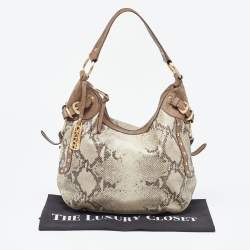 Pre Owned DKNY Beige/Grey Python Embossed Leather Studded Hobo