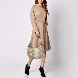 Pre Owned DKNY Beige/Grey Python Embossed Leather Studded Hobo