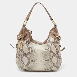 Pre Owned DKNY Beige/Grey Python Embossed Leather Studded Hobo