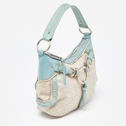 Pre Owned DKNY Cream/Blue Monogram Canvas and Leather Buckle Hobo