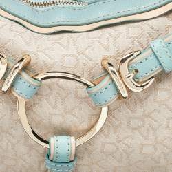Pre Owned DKNY Cream/Blue Monogram Canvas and Leather Buckle Hobo