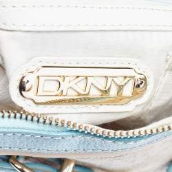 Pre Owned DKNY Cream/Blue Monogram Canvas and Leather Buckle Hobo