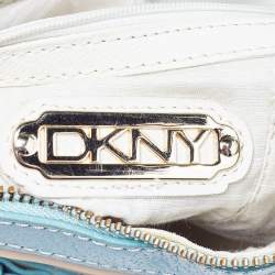 Pre Owned DKNY Cream/Blue Monogram Canvas and Leather Buckle Hobo