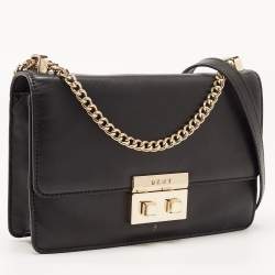 Pre Owned DKNY Black Leather Pushlock Flap Chain Crossbody Bag