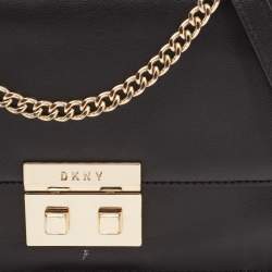 Pre Owned DKNY Black Leather Pushlock Flap Chain Crossbody Bag