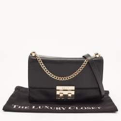 Pre Owned DKNY Black Leather Pushlock Flap Chain Crossbody Bag