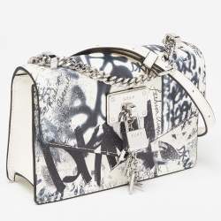 Pre Owned DKNY White/Black Graffiti Print Leather Flap Shoulder Bag
