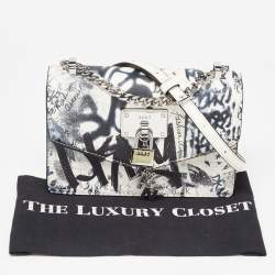 Pre Owned DKNY White/Black Graffiti Print Leather Flap Shoulder Bag