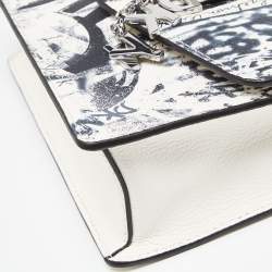 Pre Owned DKNY White/Black Graffiti Print Leather Flap Shoulder Bag
